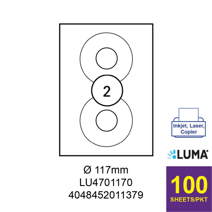 LUMA LU4701170 LABEL FOR INKJET / LASER / COPIER 100 SHEETS/PKT WHITE ROUND CD 117MM